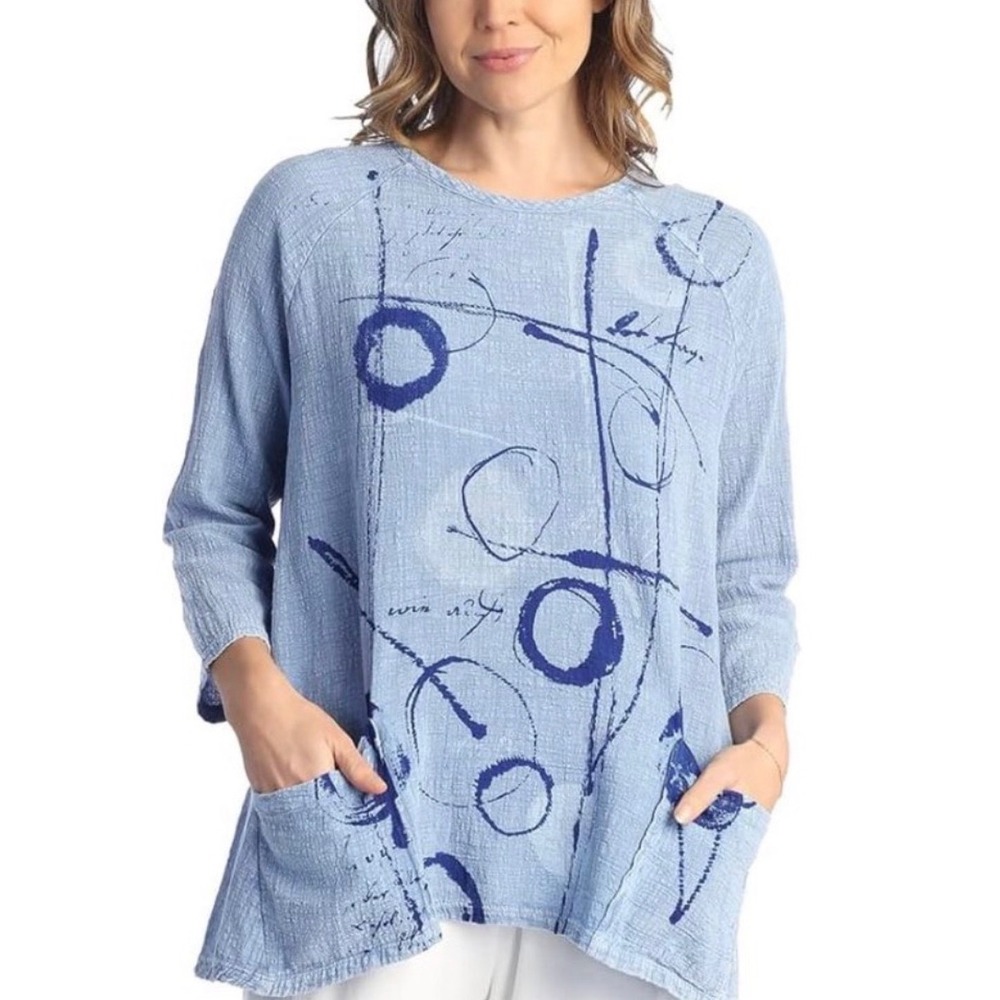 Jess & Jane Tunic Large Balboa Gauze Top Blue Print 100% Cotton Pockets NWT